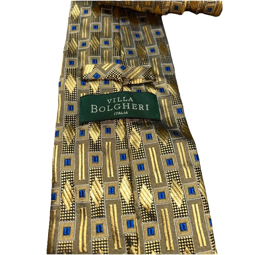 Villa Bolgheri Italia Gold Geometric 100% Seta Silk Men's Neck Tie Italy‎ 58